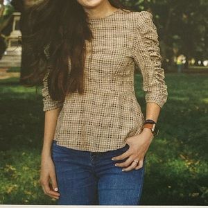 XS Puffed Sleeve Tan, White, & Black Plaid Blouse